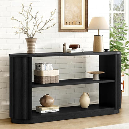 Merax Modern Entryway Console Table with Triple-Tier Storage, Slim Sofa Table with Open Shelf & Elegant Wood Grain, Multi-Functional Hallway Table for Living Room, Black