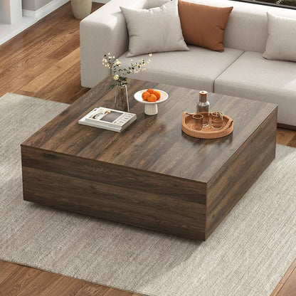 47” Square Coffee Table with Storage, 47" D x 47" W x 17" H Modern Large Square Center Table with 2 Drawers,Wood Coffee Table for Living Room,Bedroom（Walnut）