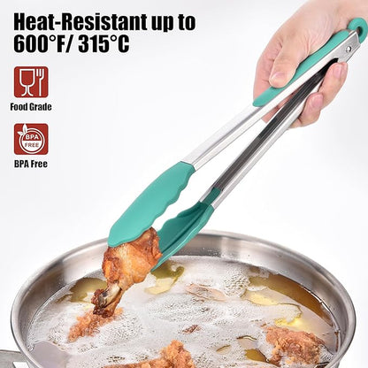 Doosu Kitchen Tongs for Cooking - 600°F Heat Resistant Food Tong Set with Non-Scratch Silicone Tips, Heavy Duty Stainless Steel Locking Tong for BBQ, Grilling Steak, Serving (7+9+12in, Aqua Sky)