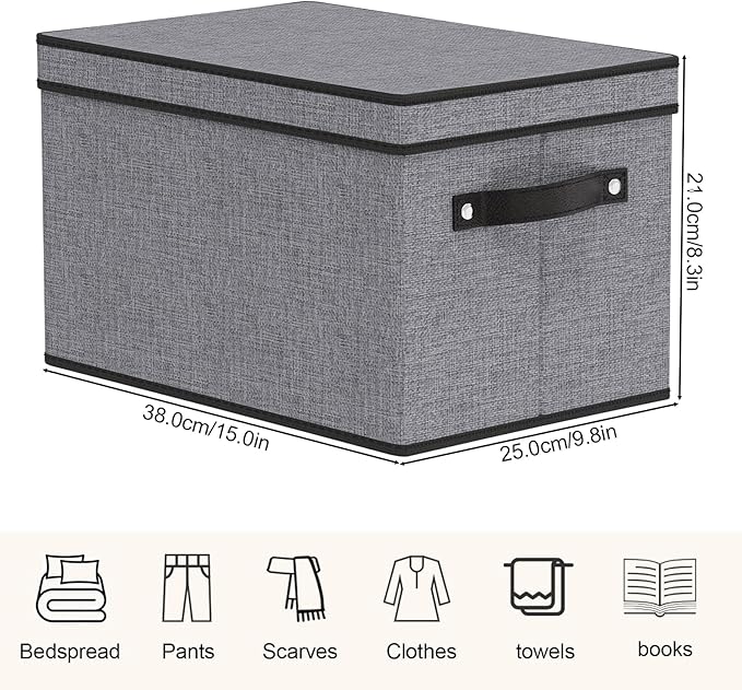 YheenLf Storage Bin with Lid, 15 x 9.8 x 8.3 Inch Storage Box for Organizing with Handles, Decorative Linen Closet Organizer, Gray, 1-Pack