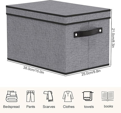 YheenLf Storage Bin with Lid, 15 x 9.8 x 8.3 Inch Storage Box for Organizing with Handles, Decorative Linen Closet Organizer, Gray, 1-Pack