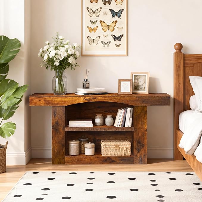 63 Inch Entryway Table Three-Shelf Cabinet, Wooden Console Table with Socket Farmhouse Sofa Table for Entrance, Hallway, Living Room,Behind Couch(Rustic Brown)