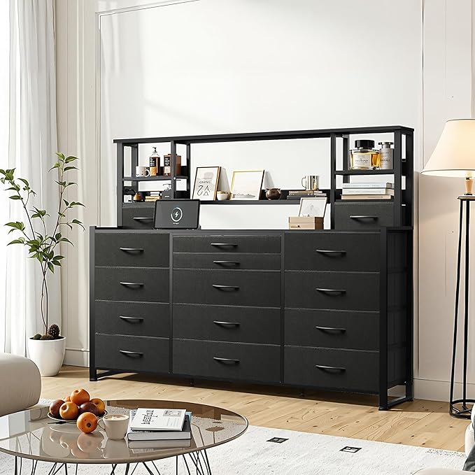 Tall Console Table with 15 Fabric Drawer & 5 Open Shelves, Tall Storage Organizer with Charging Station, Storage Tower Organizaton for Living Room, Hallway, Office, Black