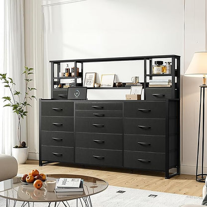 Tall Console Table with 15 Fabric Drawer & 5 Open Shelves, Tall Storage Organizer with Charging Station, Storage Tower Organizaton for Living Room, Hallway, Office, Black