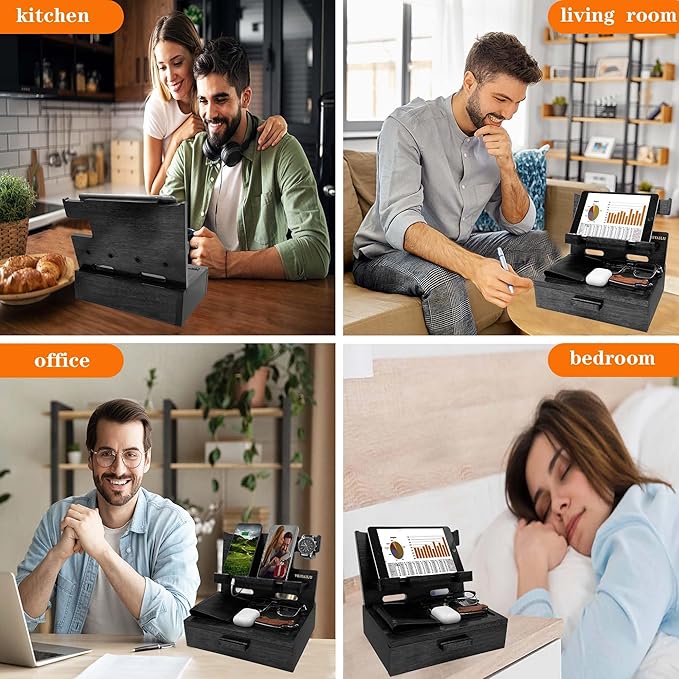 VEIYAILU Gifts for Him Husband Boyfriend Son Men Nightstand Organizer Wood Phone Docking Station Birthday Gifts (Black)