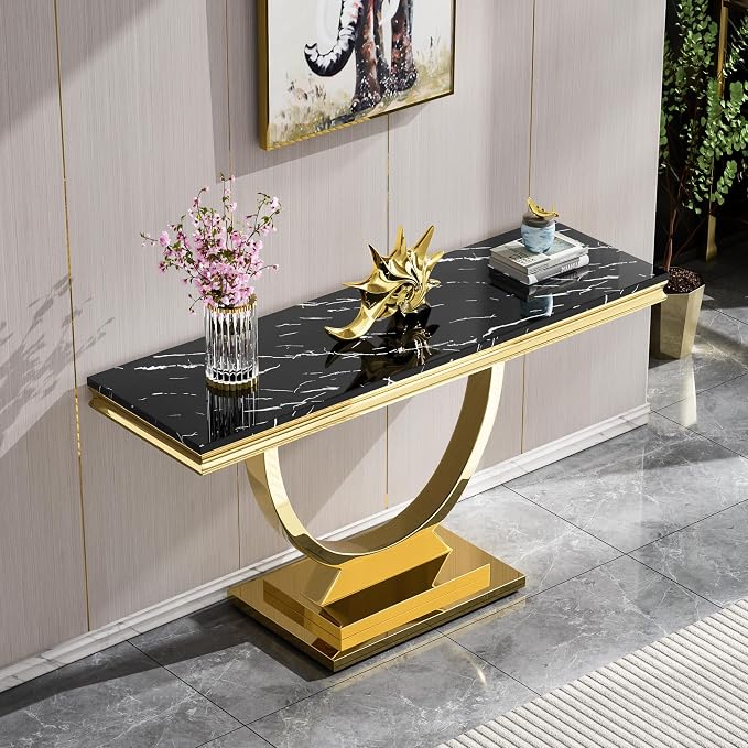 4 Piece Living Room Table Set Include 1 Faux Marble Coffee Table & 2 End Tables & 1 Console Table, Modern Black Gold Coffee Table Set of 4 with Double O Shape Stainless Steel Pedestal Base