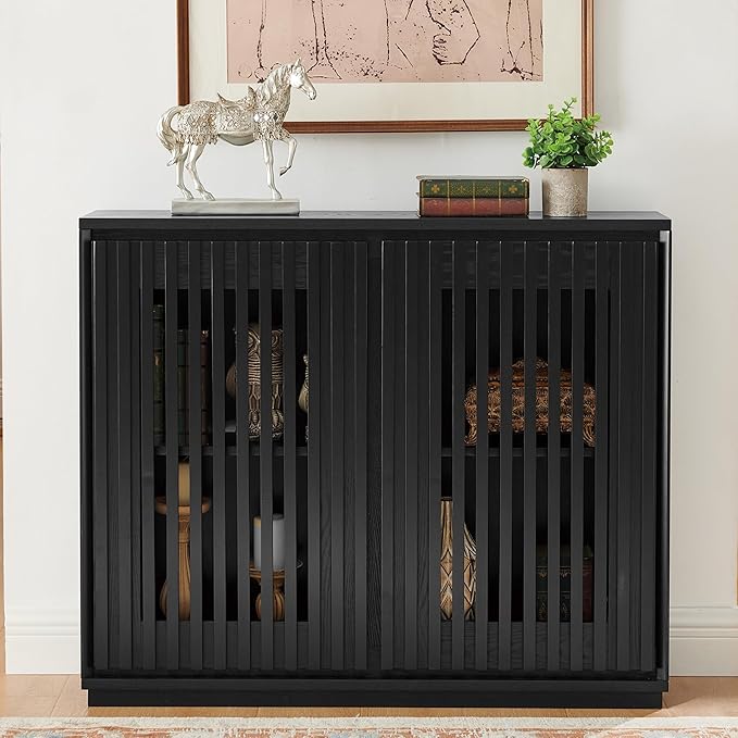 LKTART Black Modern Sideboard Buffet Storage Cabinet,Wood Accent Storage Cabinets with 2 Doors,TV Media Narrow Console Table for Living Room,Entryway