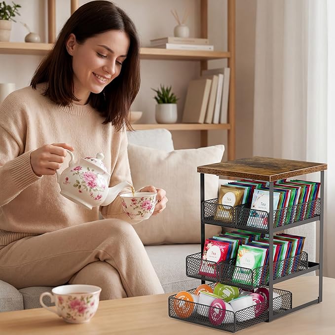 Tea Bag Organizer, 4 Tier Tea Bag Holder with 5 Drawers, Wood and Metal Tea Organizers and Storage Chest for Countertop Kitchen, Office, Brown