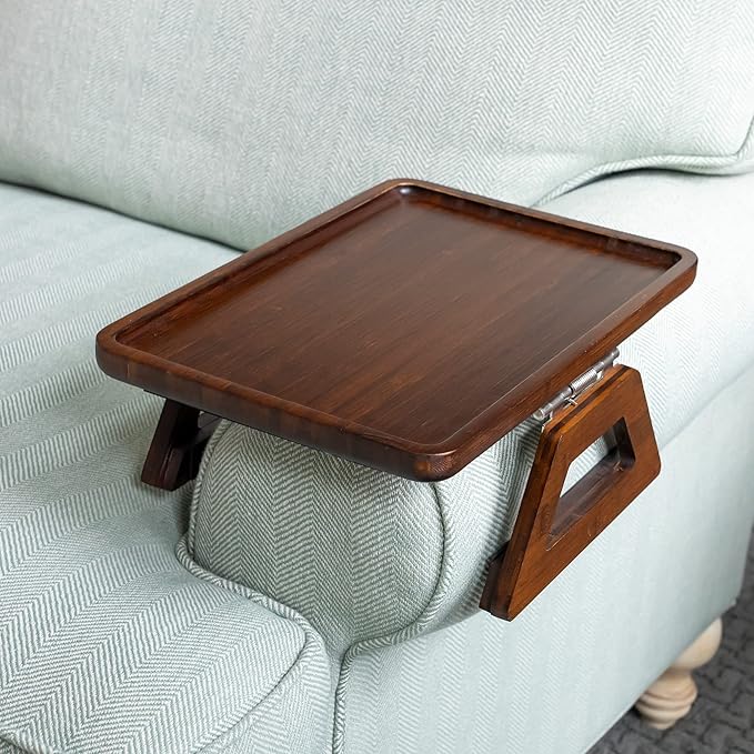 Shamrock Home Bamboo Trayble Couch Arm Table, Clip On Tray Sofa Table for Couches. Sofa Arm Tray, Armchair Table for TV Dinners, Remotes, Drinks and Snacks - 13.75 x 9.5inch, Brown