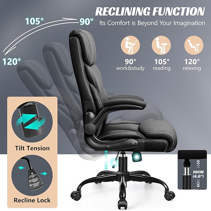 Office Chair, Ergonomic Big and Tall Computer Desk Chairs, Executive Breathable Leather Chair with Adjustable Flip-up Armrests, Lumbar Support Swivel PC Chair with Rocking Function