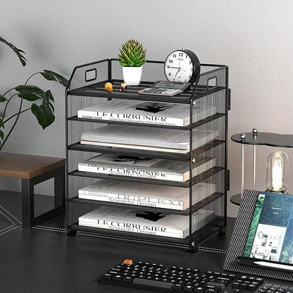 6 Tier Desk Organizer, Heavy-Duty Thick Metal Letter Tray Organizer, Large Capacity Desktop File Organizer for Heavy Files, Easy to Assemble for Home, Office & Classroom,Black