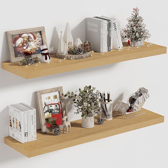 Vivelove 10" Deep Floating Shelves with Invisible Brackets, 30" Wall Shelves for Bathroom Bedroom Kitchen Living Room Laundry Room, Modern Rustic Shelves for Home Decor, 30"x10.2"x1.5", Set of 2, Oak