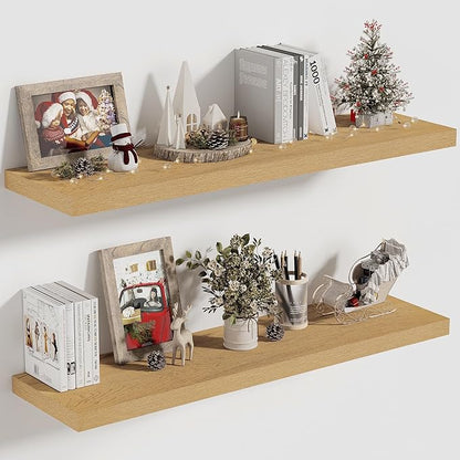 Vivelove 10" Deep Floating Shelves with Invisible Brackets, 30" Wall Shelves for Bathroom Bedroom Kitchen Living Room Laundry Room, Modern Rustic Shelves for Home Decor, 30"x10.2"x1.5", Set of 2, Oak