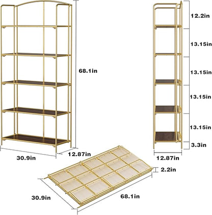 Crofy No Assembly Folding Bookshelf for Living Room, 5 Tier Gold Collapsible Book Shelf for Home Office, Portable Bookcase Storage Organizer
