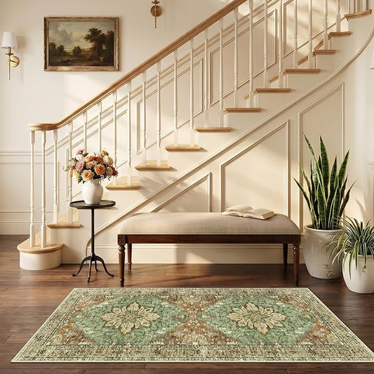 RELEANY Area Rugs Runner 2'6"x5' Washable Non-Slip, Floral Vintage Distress Medallion Carpet for Kitchen Hallway Bedroom Beside Laundry Room Bathroom, Terracotta Burnt Orange Green