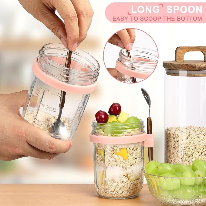 16oz Glass Mason Overnight Oats Jars, Cereal, Yogurt, Salad Lunch,Glass Overnight Oats Containers with Lids and Spoon, Container with Measurement Marks - (Pink-2Pcs)