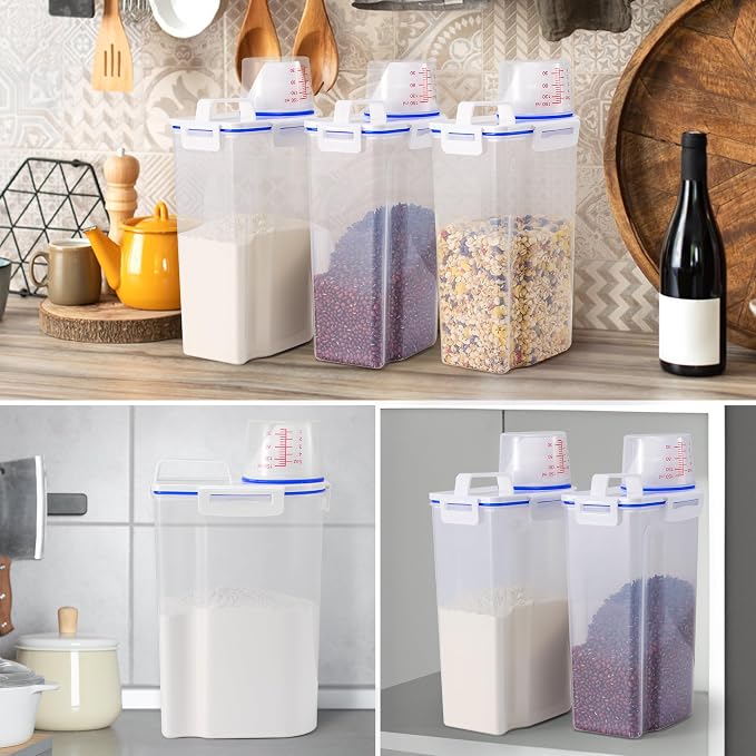 4 Pcs Set Rice Storage Container 5.5lb, Rice Dispenser with Measuring Cup & Pour Spout for Flour Pasta Grain Pet Dog Cat Bird Food Storage Container