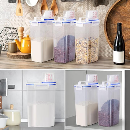 6 Pcs Set Rice Storage Container, Flour Dispenser with Pouring Spout & Measuring Cup, Kitchen Plastic Dry Food Storage Bin for Grain Oatmeal Snacks Pet Dog Food
