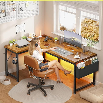 L Shaped Desk with 0.95 Inch Thicker Desktop & Storage Bag, Computer Desk with Power Outlets & Lights, Reversible Gaming Desk for Home Office, Corner Desk, Study Room, Living, Bedroom, Brown
