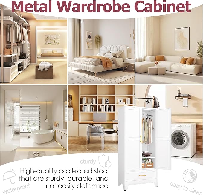 Steel Armoire Wardrobe Closet with 2 Doors, 71" Household Wardrobe Cabinet with Hanging Rod and Drawers, Metal Clothing Storage Cabinet with Adjustable Shelf for Bedroom, Cloak Room, Gym(White)