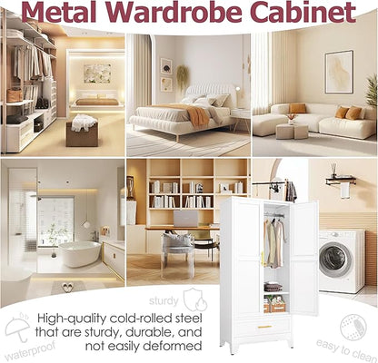 Steel Armoire Wardrobe Closet with 2 Doors, 71" Household Wardrobe Cabinet with Hanging Rod and Drawers, Metal Clothing Storage Cabinet with Adjustable Shelf for Bedroom, Cloak Room, Gym(White)