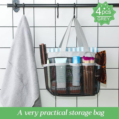 Hillban 4 Pcs Mesh Shower Caddy Portable Shower Caddy for Dorm Beach Mesh Bags with Deeper 8 Pockets and Handles Showers Caddies Basket for Women College Room Vacation(Gray)