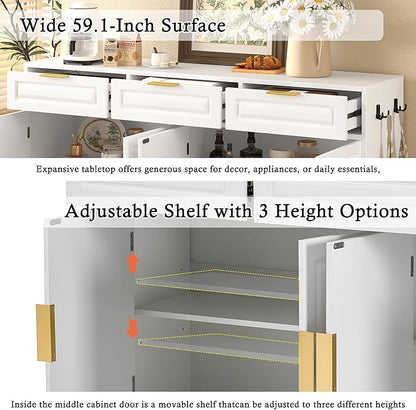 Sideboard Buffet Cabinet with Storage, 59.1" Multi-Functional Sideboard Cabinet with 3 Drawers & 4 Doors, Buffet Table with Adjustable Shelf for Dining Room, Living Room, Entryway, White