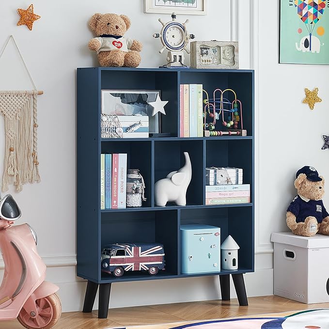 LEYAOYAO Cube Bookshelf 3 Tier Mid-Century Rustic Dark Blue Modern Bookcase with Legs,Retro Wood Bookshelves Storage Organizer Shelf,Freestanding Open Book Shelves for Bedroom,Living Room,Office
