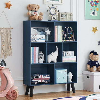LEYAOYAO Cube Bookshelf 3 Tier Mid-Century Rustic Dark Blue Modern Bookcase with Legs,Retro Wood Bookshelves Storage Organizer Shelf,Freestanding Open Book Shelves for Bedroom,Living Room,Office
