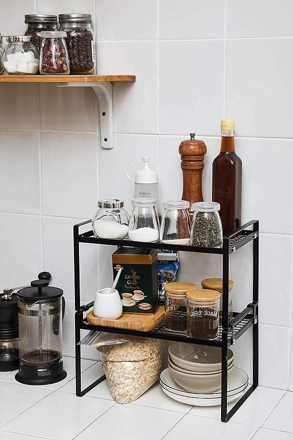 Shantton 2 Pack Kitchen Cabinet Shelf Counter Organizer Rack Pantry Storage Bathroom Bedroom Office Table Desk Space Saving Steel Frame Stackable Rust Resistant Non Slip Black