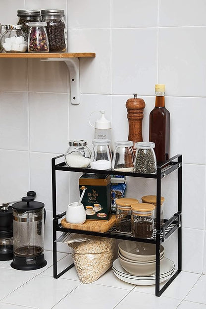 Shantton 2 Pack Kitchen Cabinet Shelf Counter Organizer Rack Pantry Storage Bathroom Bedroom Office Table Desk Space Saving Steel Frame Stackable Rust Resistant Non Slip Black