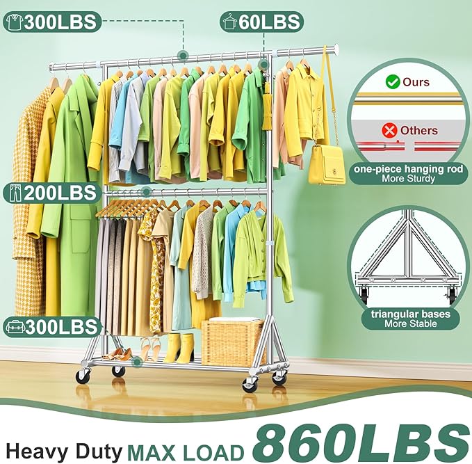 100% Stainless Steel Heavy Duty Rolling Clothes Rack with Double Rods for Hanging Clothes, Adjustable & Extendable Metal Clothing Rack, Garment Rack With Wheels Shelf, Sturdy Freestanding Closet Rack