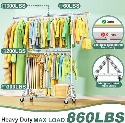 100% Stainless Steel Heavy Duty Rolling Clothes Rack with Double Rods for Hanging Clothes, Adjustable & Extendable Metal Clothing Rack, Garment Rack With Wheels Shelf, Sturdy Freestanding Closet Rack