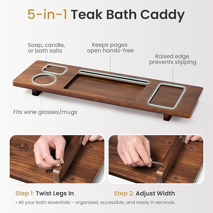 Teak Bathtub Tray for Freestanding Tubs - 29" Heavy-Duty Luxury Bath Caddy, Non-Slip Zero-Wobble Design, Water-Resistant Spa Organizer with Wine Glass & Phone Holder