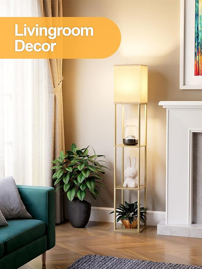 Floor Lamp with Shelves for Living Room Natural Wood, Shelf Floor Lamp with 3 CCT LED Bulb, Corner Display Standing Column Lamp Etagere Organizer Tower Nightstand with White Linen Shade for Bedroom
