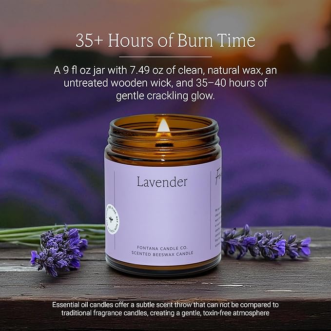 Fontana Candle Co Wood Wick Beeswax Jar Candles, Lavender - Made with Coconut Oil & Pure Essential Oils – Clean Burn, Long Lasting and Non-Toxic Candles for Home & Room Decor