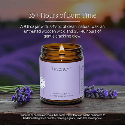 Fontana Candle Co Wood Wick Beeswax Jar Candles, Lavender - Made with Coconut Oil & Pure Essential Oils – Clean Burn, Long Lasting and Non-Toxic Candles for Home & Room Decor