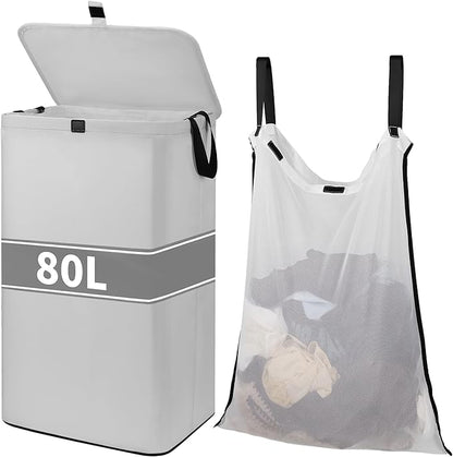 80L Large Laundry Hamper with Lid, Foldable Laundry Bag for Washing Machine with Removable Inner Bag, Dirty Hampers for Bedroom, Bathroom,Laundry Room, College (White)