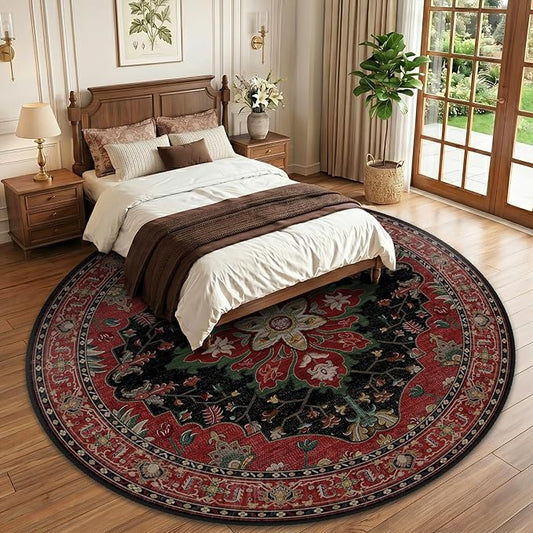 RELEANY Area Rugs Round 10ft Washable Non-Slip, Floral Vintage Distress Medallion Carpet for Living Room Bedroom Dining Room, Red Black