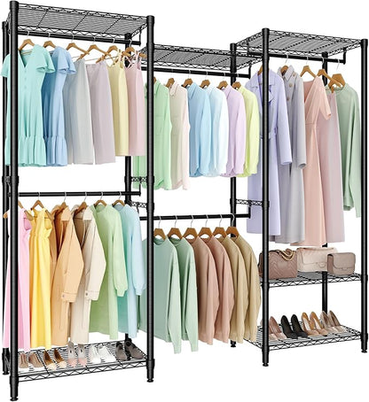 4-Tier Heavy Duty Clothes Rack, 1430LBS Load, Sturdy Metal Garment Rack with Wire Shelves, Multi-Functional Wardrobe Closet with Hanger Rods for Hanging Clothes, 15.5" D x 67.6" W x 76.5" H