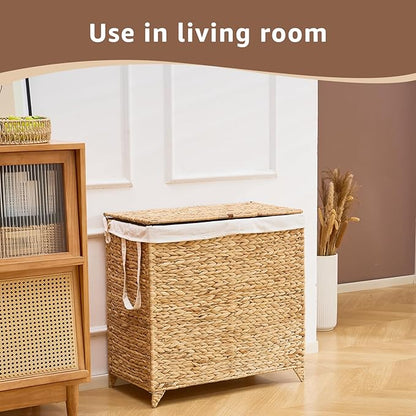 Laundry Hamper with Lid and Removable Liner Bag, Handwoven Natural Hyacinth Clothes Hamper with Heightened Feet, Wicker Laundry Basket for Clothes and Towels，Large, 2-sections