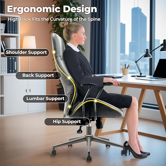 ovios Home Office Chair, Mid-Century Modern Faux Suede Leather Ergonomic Chairs, High Back Comfy Computer Swivel Rolling Task Executive Armchair, Grey