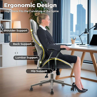 ovios Home Office Chair, Mid-Century Modern Faux Suede Leather Ergonomic Chairs, High Back Comfy Computer Swivel Rolling Task Executive Armchair, Grey