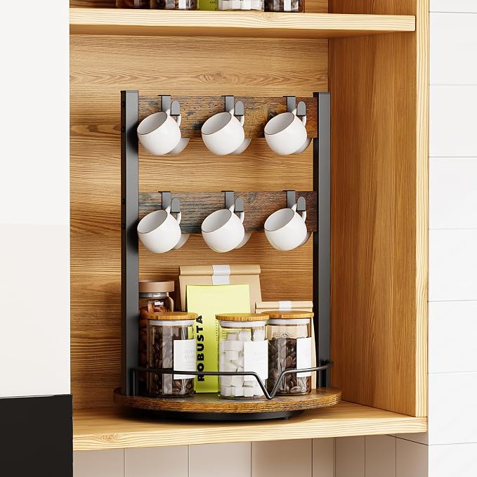 KLM Wood Coffee Mug Holder,12 Hook Mug Tree Holder Rack with Storage Base,Mug Display Organizer,Mug Holders for Home Kitchen,Support 360° rotation for easy access