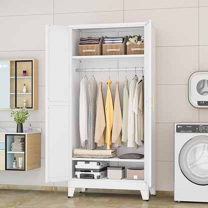 Metal Wardrobe Cabinet with Hanging Rod, 71" Metal Clothing Storage Cabinets with 2 Doors and Adjustable Shelves, White Armoire Wardrobe Closet for Bedroom, Laundry Room, Cloak Room