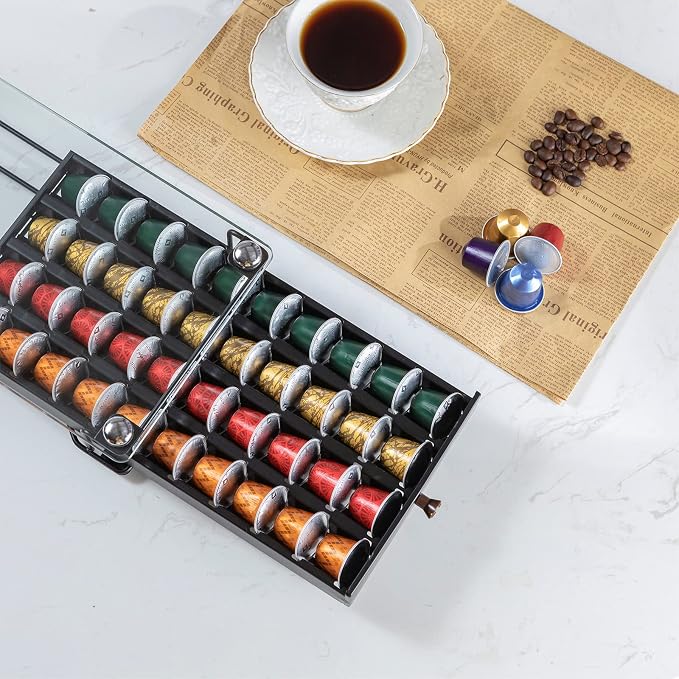 ZCDCP Coffee Pod Holder, Black Nespresso Original Pod Holder, Coffee Capsule Storage Drawer with Crystal Tempered Glass Top, 40 Pods