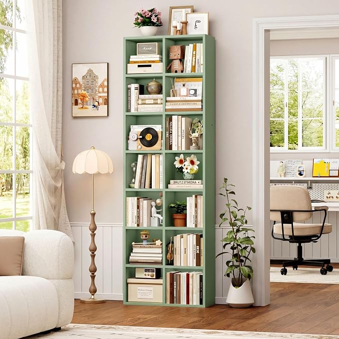 FOTOSOK 71'' Tall Bookshelf Set of 2, 7 Tier Large Bookshelf with Adjustable Shelves, Wide Bookcases and Bookshelf, DVD/CD Media Tower Storage, Cube Book Shelf Display Storage Cabinet, Green