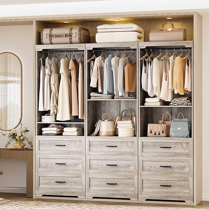 IRONCK Freestanding Closet System with 3 Wood Drawers, Modern Armoire Wardrobe with Adjustable Shelves & Hanging Rod, Walk-in Closet Systems Organizer, Rustic Maple