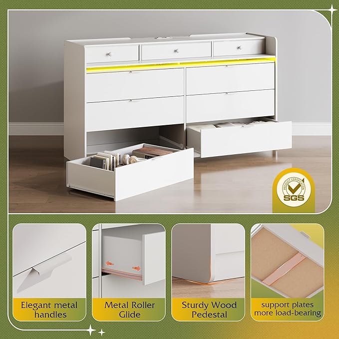 WLIVE 9 Drawer Led Dresser for Bedroom, 58" White Wood Dresser Storage Organizer with Charging Station for 65" TV, Dressers with Open Shelves, Chest of Drawers for Closet, Living Room