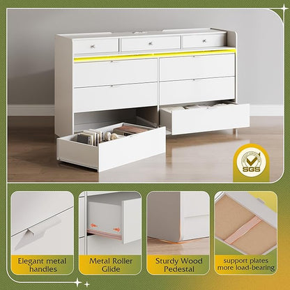 WLIVE 9 Drawer Led Dresser for Bedroom, 58" White Wood Dresser Storage Organizer with Charging Station for 65" TV, Dressers with Open Shelves, Chest of Drawers for Closet, Living Room
